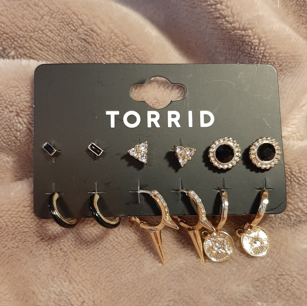 TORRID 6-Piece Black and Gold Crystal Stud and Dangle Earring Multi Pack